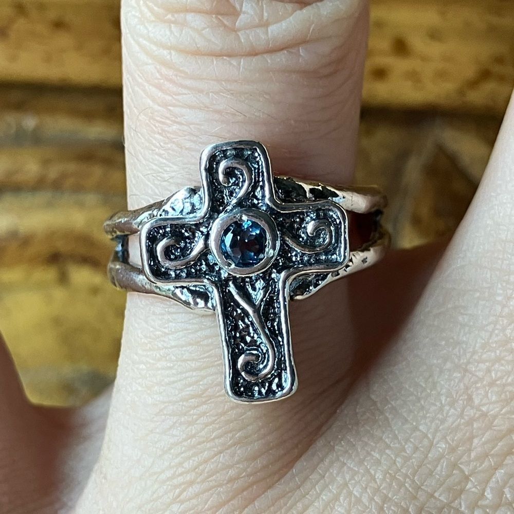 Natural London Blue Topaz Sterling Silver Cross Ring Size 7
